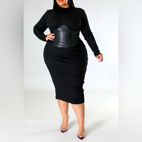 Dresses & Skirts - Snatched at the Waist Curvy Plus Size Midi Dress Faux Leather Corset Detail